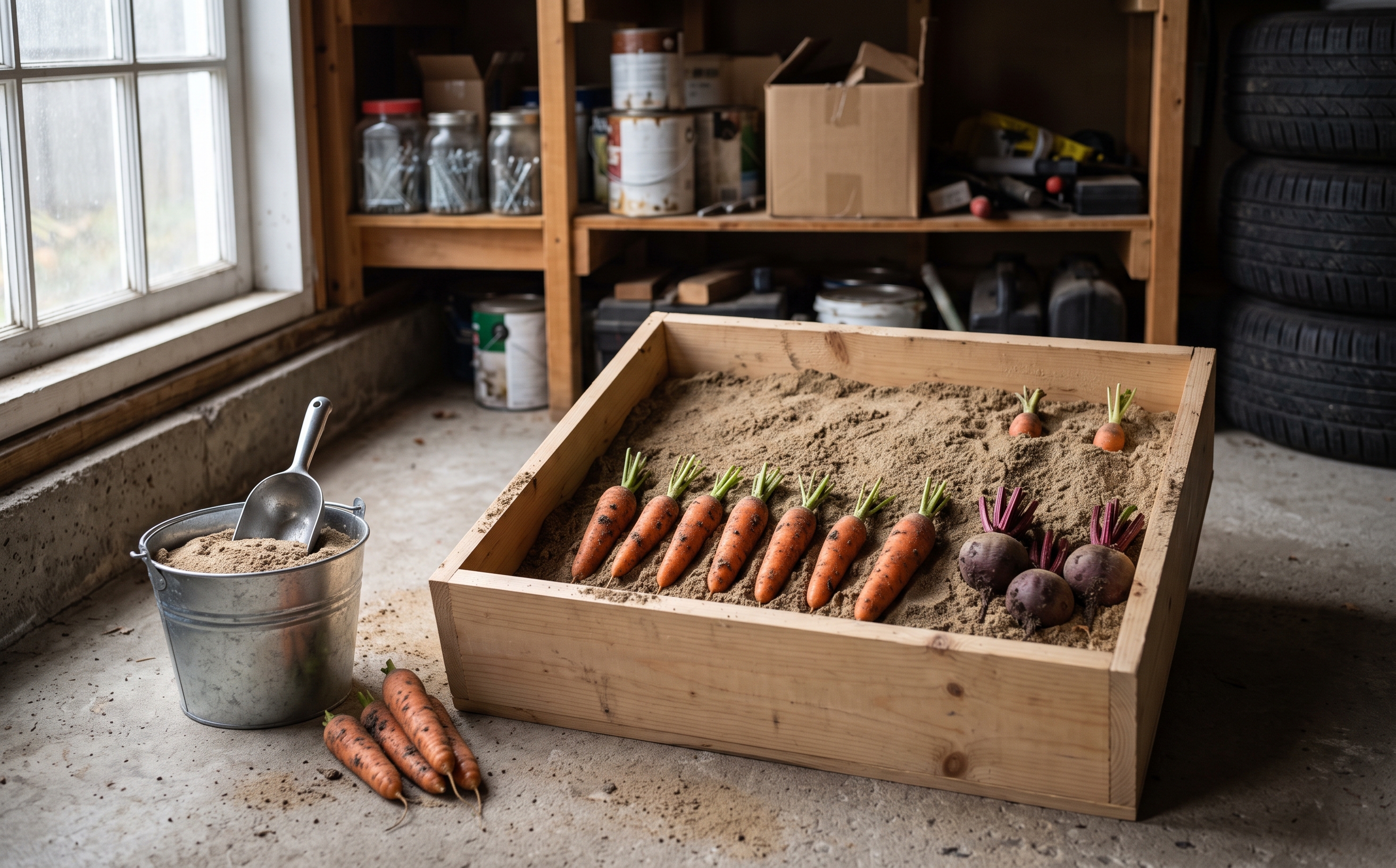 A wooden box of damp sand on a garage floor with freshly dug carrots and beets laid in a row on it, green tops trimmed short, and a bucket of sand beside it