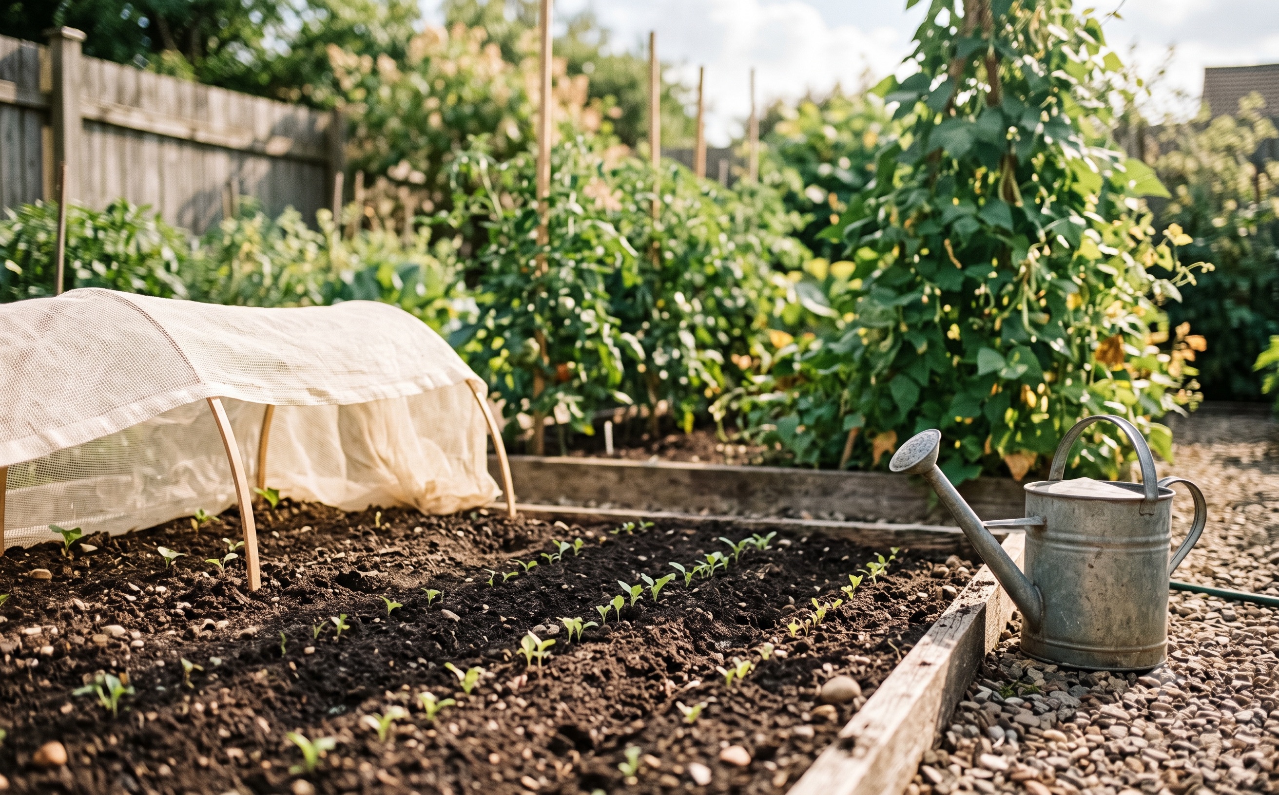 Freshly sown garden rows with young seedlings emerging in warm July sunlight, a watering can at the edge of the bed