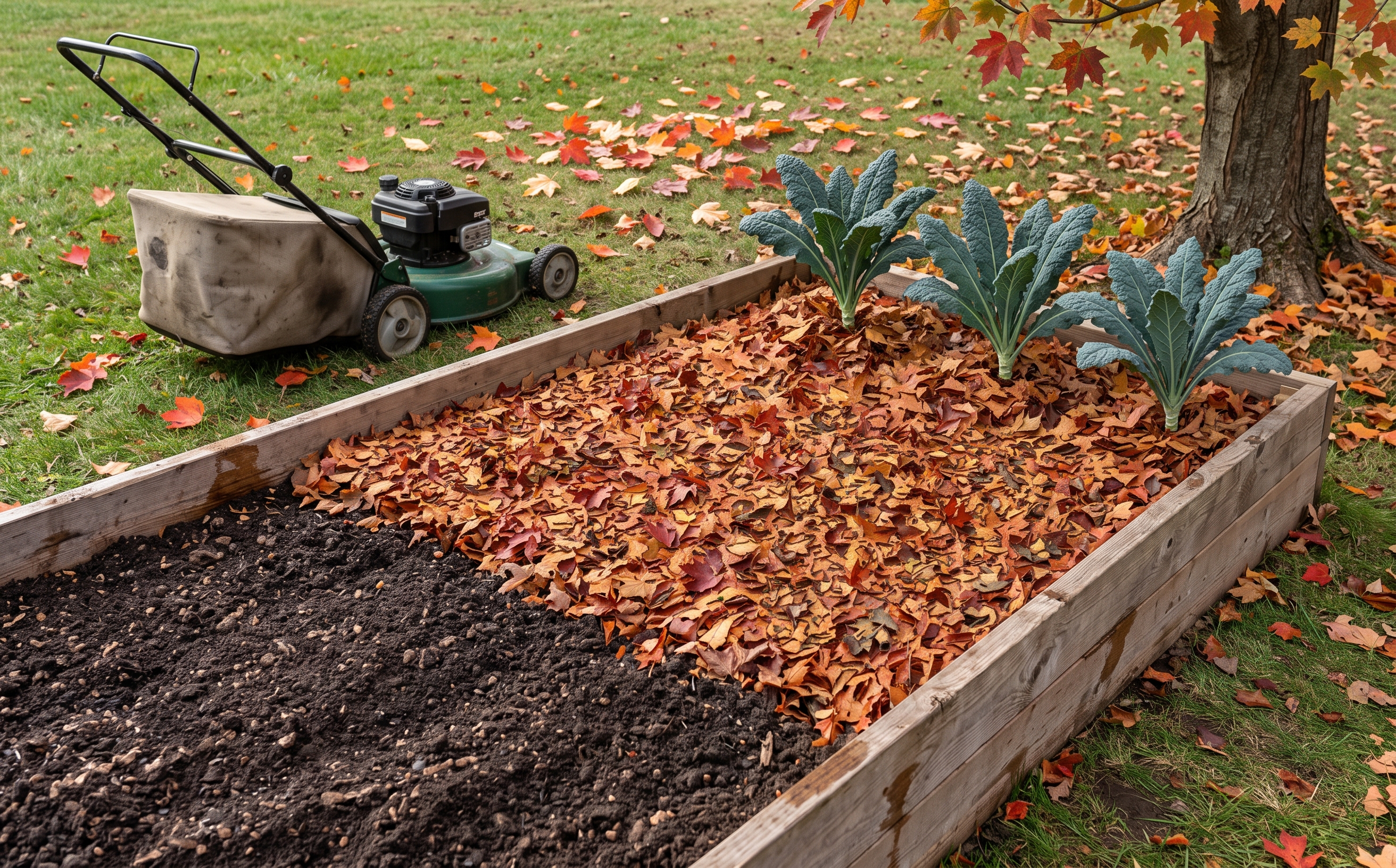 A low wooden raised bed in late autumn covered with an even layer of shredded maple and oak leaves, a few kale plants at the far end, and a lawn mower with a leaf bag on the grass beside it