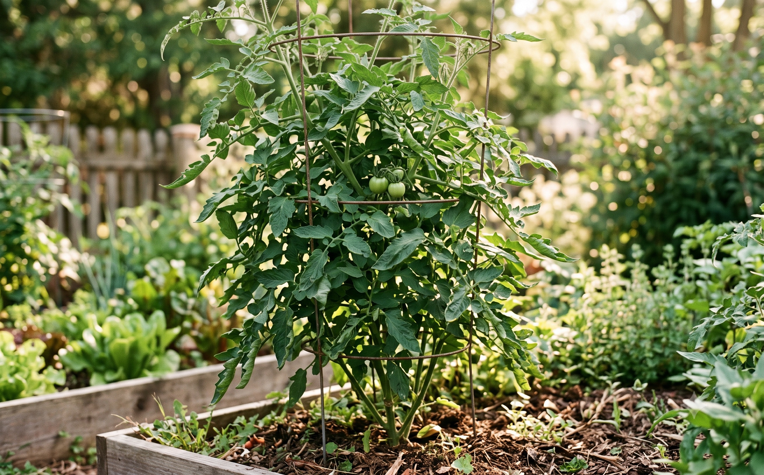 A large, lush green tomato plant full of leaves but almost no fruit in a sunny backyard garden