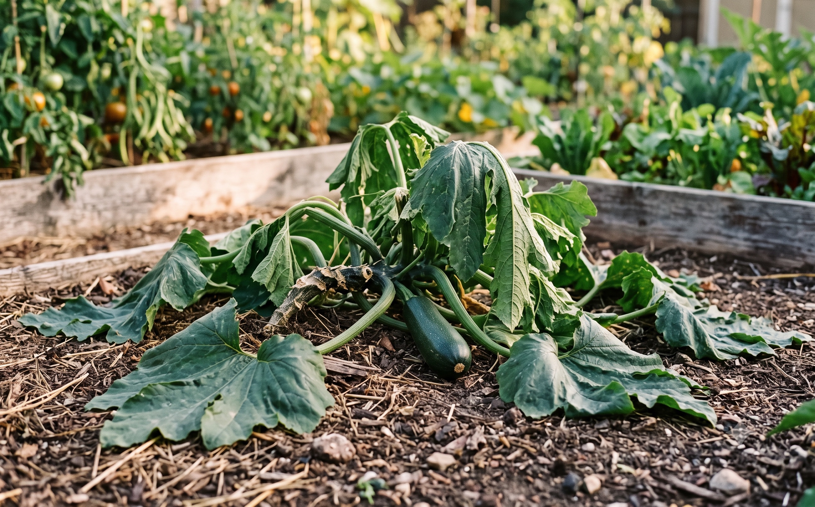 A large zucchini plant collapsed and wilted flat over the soil in a sunny summer garden bed